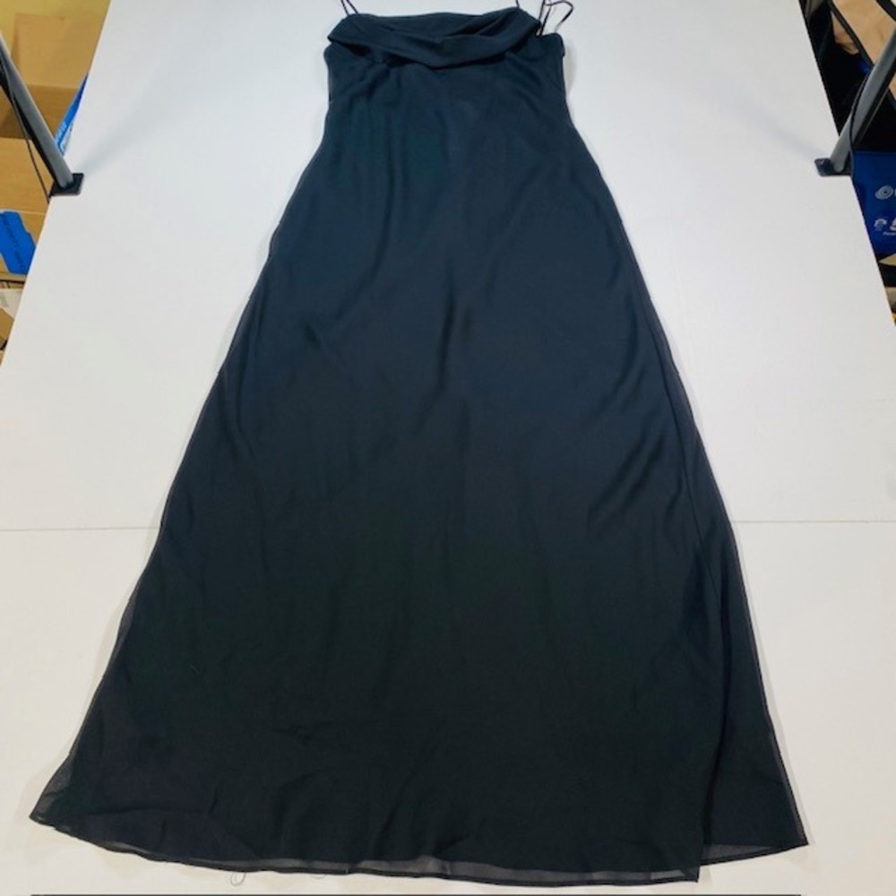 Onyx Nite Black Cowl Neck Spaghetti Strap Maxi Gown Sheer Overlay Size 16‎ USA